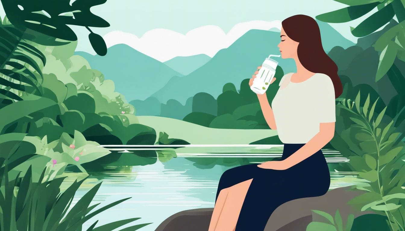 Een vrouw drinkt ontspannen een probiotische drank in een natuurlijke omgeving.