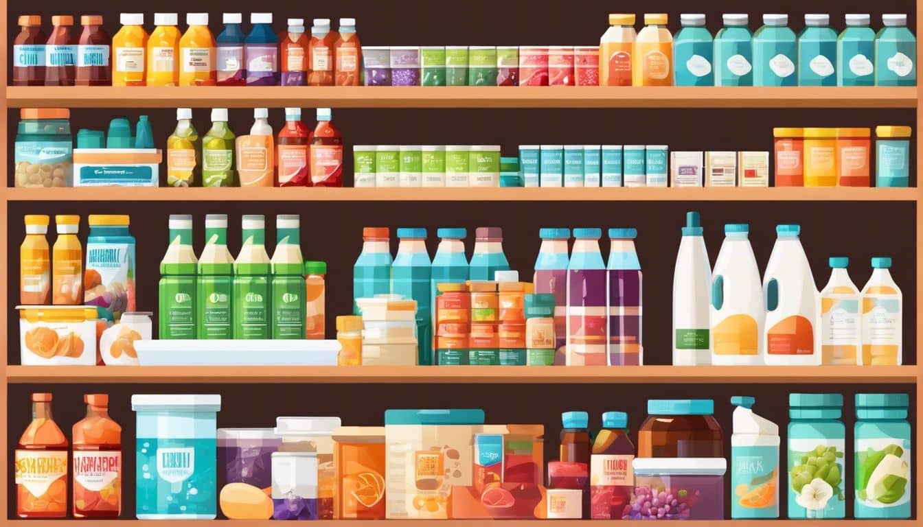 Een gevarieerd assortiment probiotische producten op een goed gevulde supermarktplank.