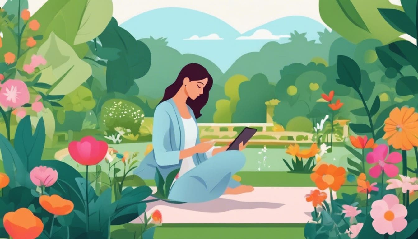 Een vrouw neemt rustig probiotica in een serene tuin.