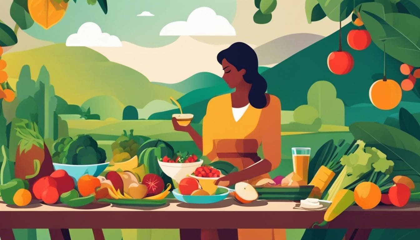 Een persoon geniet van een gezonde maaltijd omringd door vers fruit en groenten in de natuur.