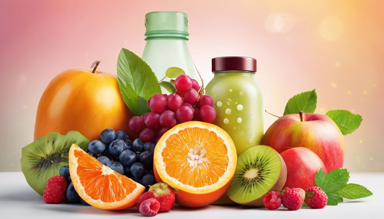 Een fles Phital Probiotics omringd door diverse en levendige vruchten straalt gezondheid en vitaliteit uit.