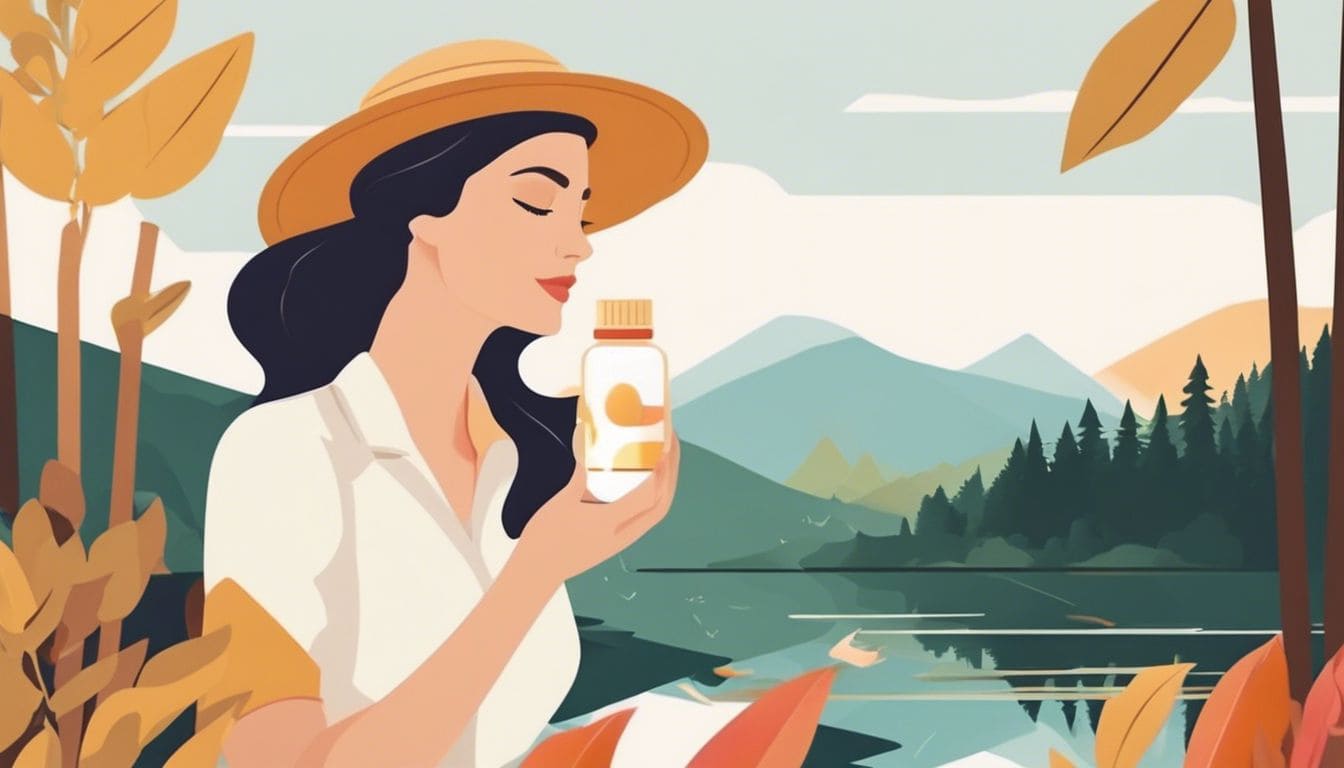 Een vrouw neemt probiotische supplementen in de natuur.