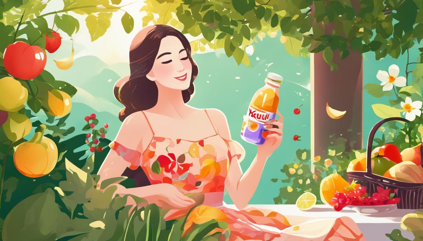 Een vrouw geniet van een flesje Yakult omringd door verse groenten en fruit.