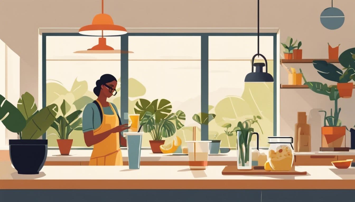 Een persoon geniet van een banaan-havermout smoothie in een lichte keuken.