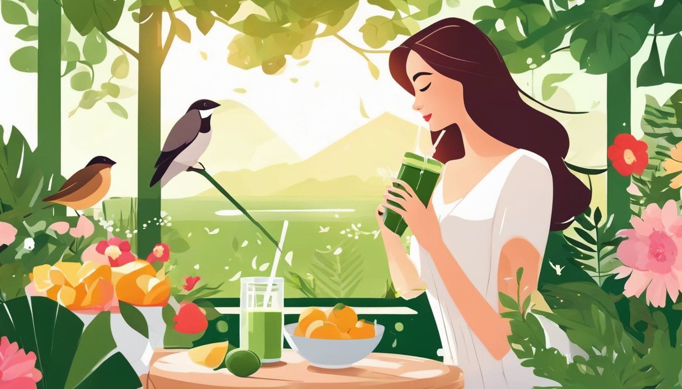 Een vrouw geniet van een groene smoothie in een zonnige tuin vol bloemen.