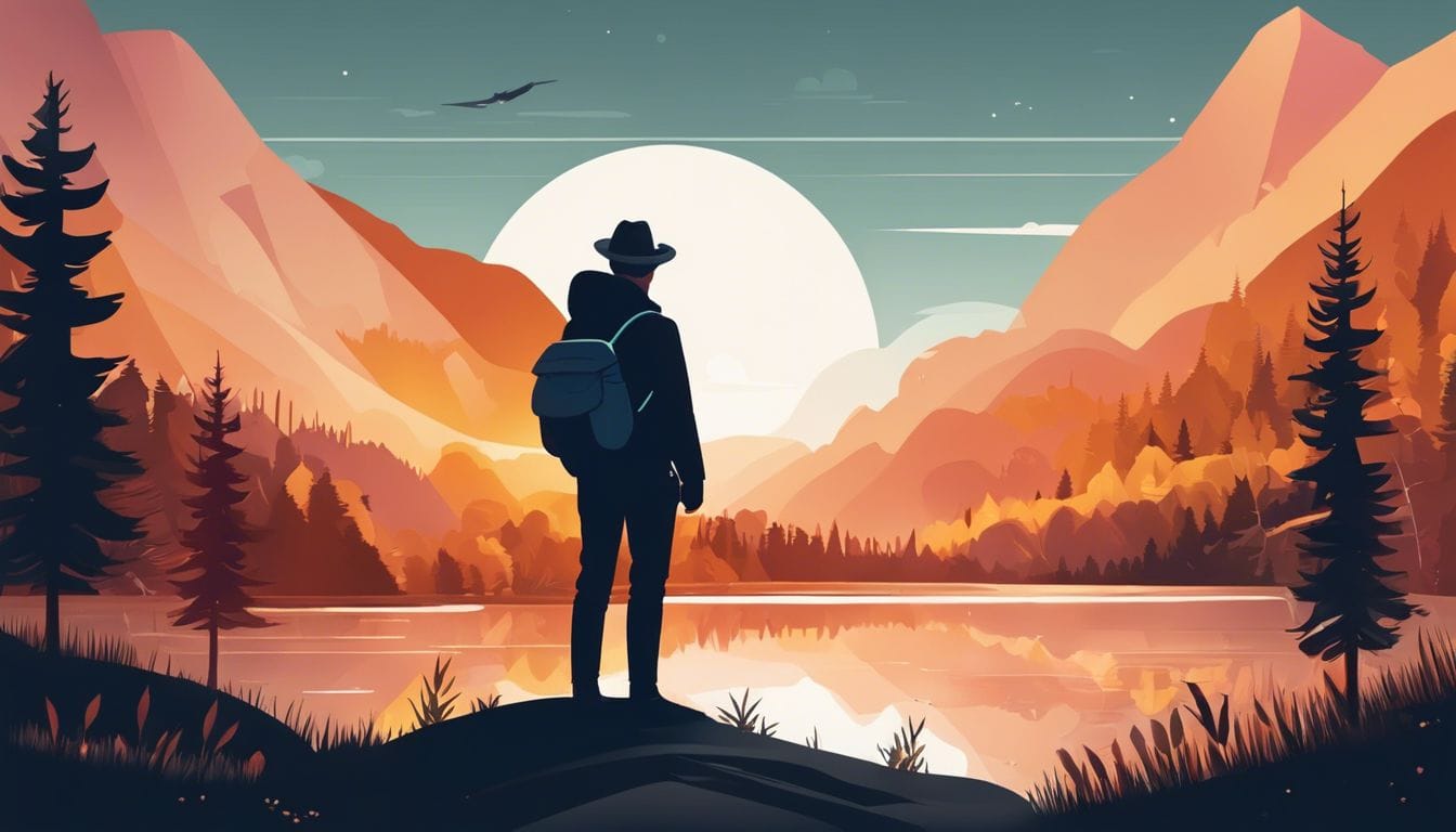 Een persoon staat in vredige natuurlijke omgeving met open ruimte.