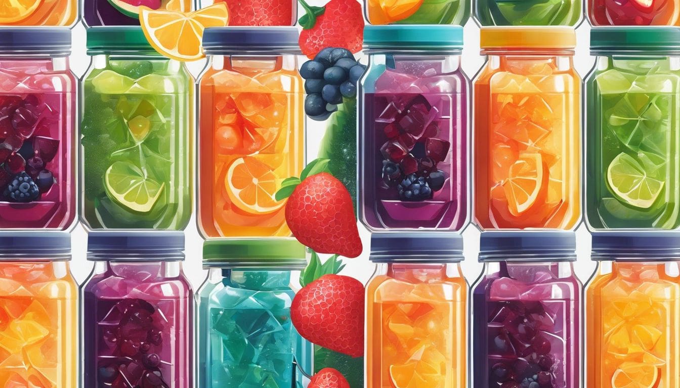 Frisse, georganiseerde sappen in vriezer met ijskristallen, levendige kleuren van fruit.