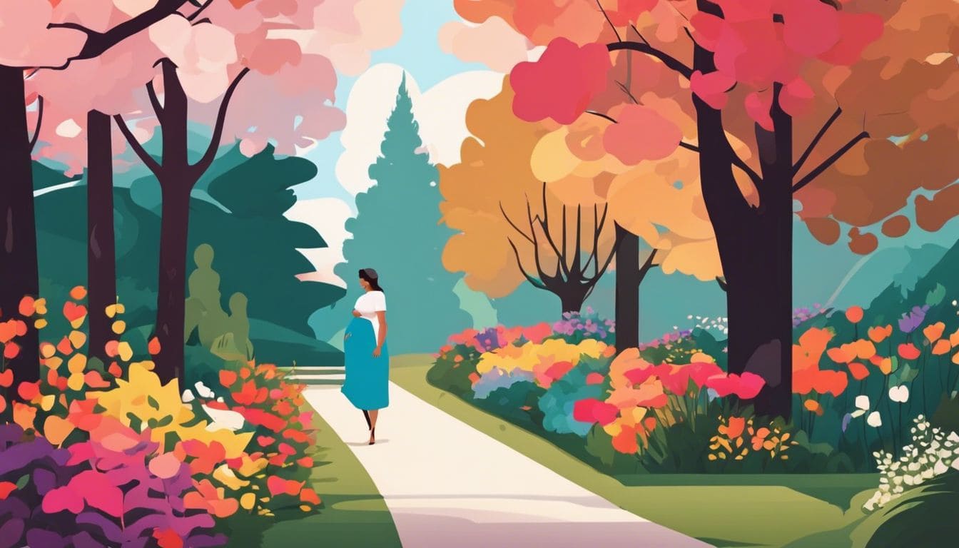 Een zwangere vrouw wandelt in een serene tuin, omringd door kleurrijke bloemen.