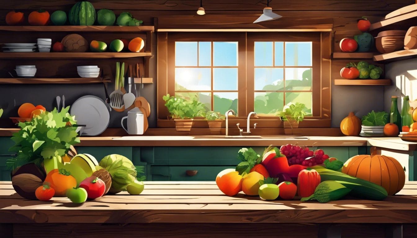 Een verscheidenheid aan fruit en groenten op een houten tafel.