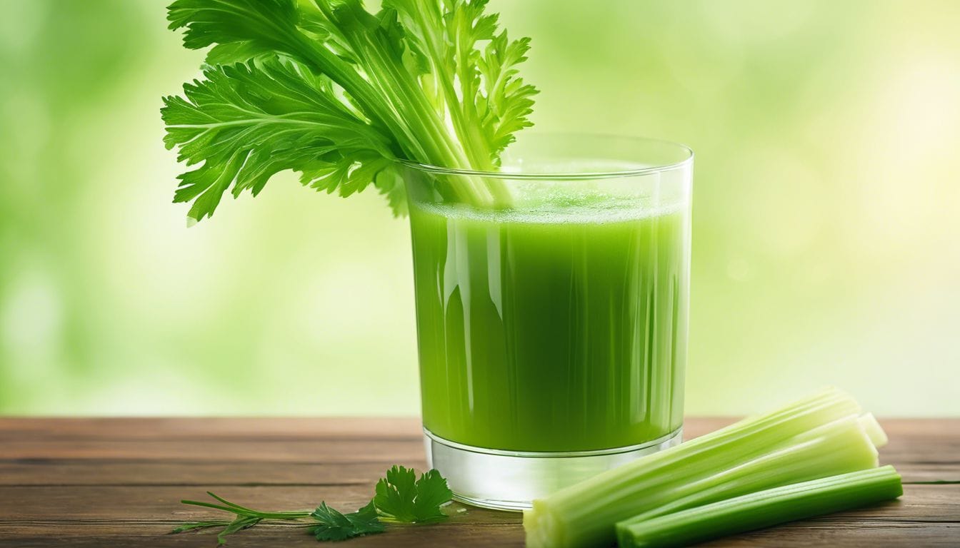 Een verfrissend glas selderij sap omringd door selderijstengels.
