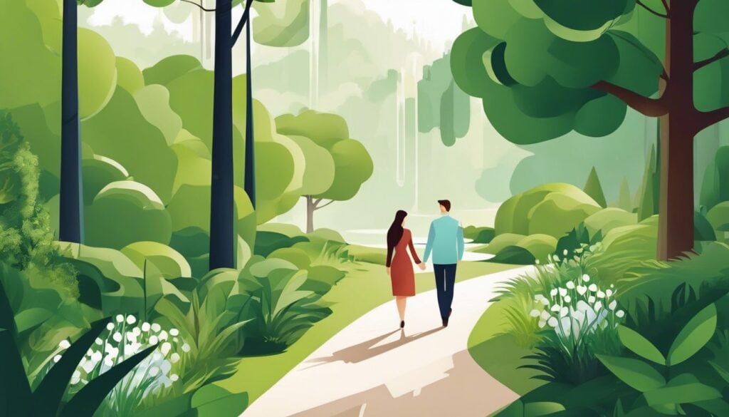 Een stel wandelt door een rustig park, omringd door weelderig groen.