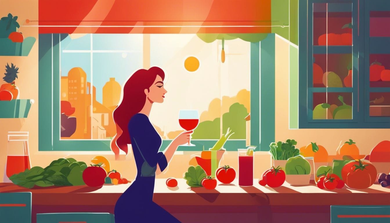 Een gezonde vrouw geniet van een glas tomatensap in een kleurrijke keuken.