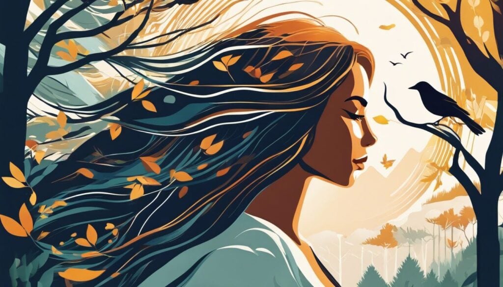 Een vrouw met lang, gezond haar geniet van de natuur en vrijheid.