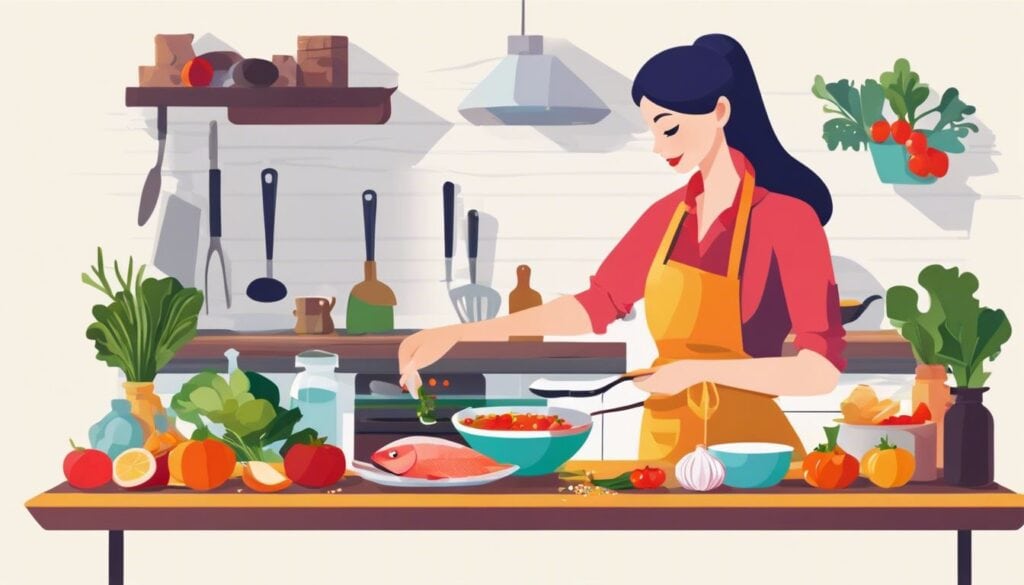 Een vrouw bereidt een gezonde maaltijd met vis en knoflook in een levendige keuken.