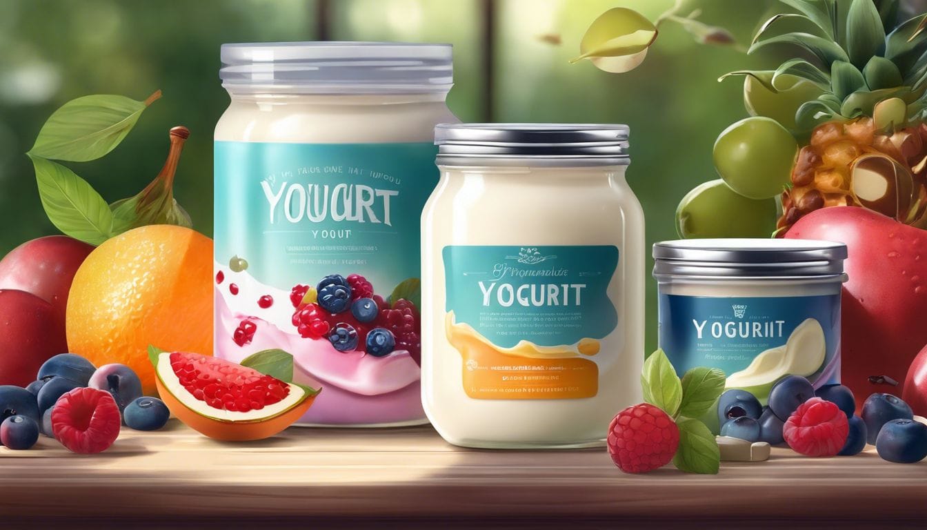 Zelfgemaakte yoghurt in een glazen pot omringd door vers fruit en probiotica.