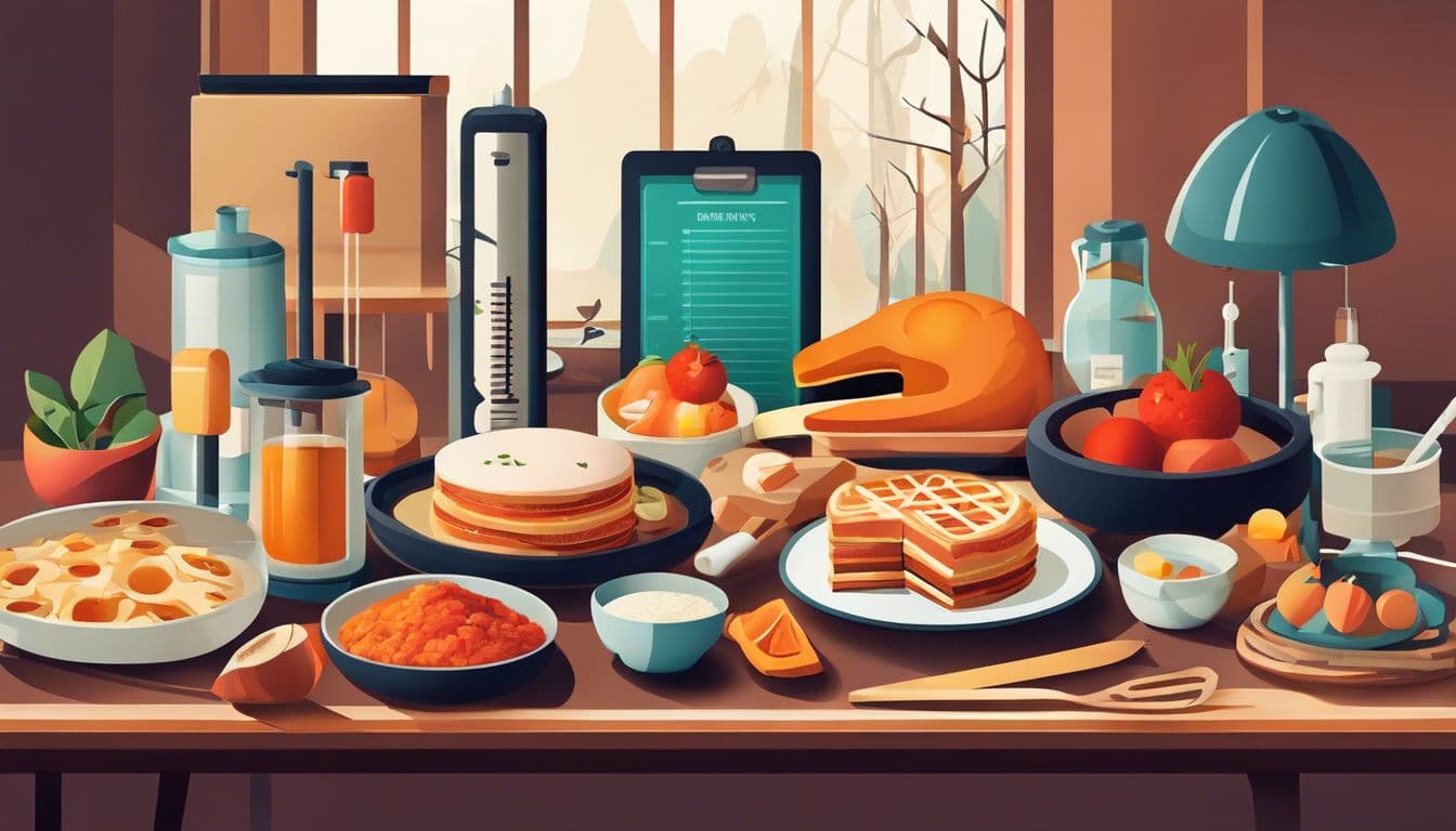 Een scala aan voedselallergie-testapparatuur en voedsel op een tafel.