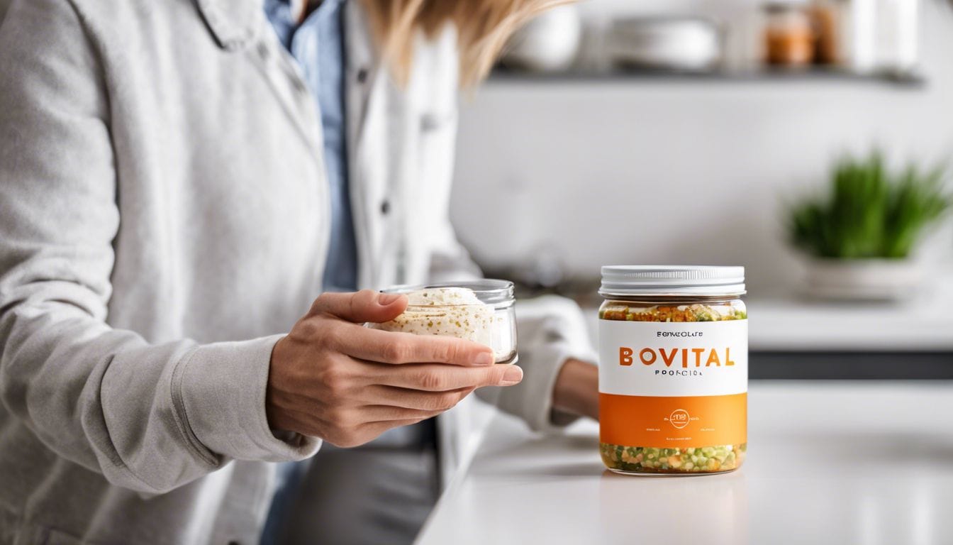 Iemand houdt een potje Biovitaal Probiotica in een moderne keuken.