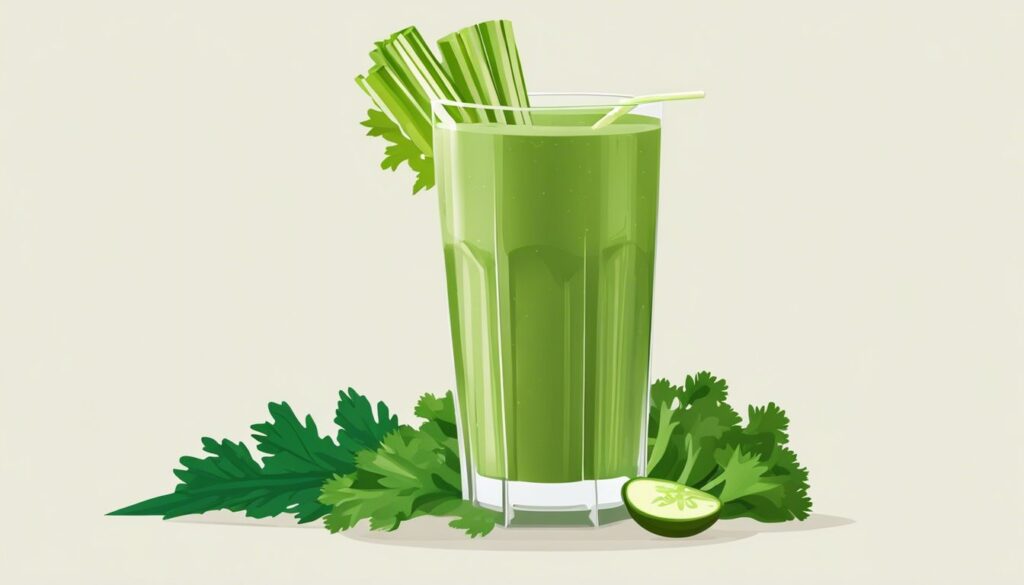 Een verfrissend glas selderij smoothie omringd door verse selderijstengels en groene bladeren, benadrukkend de natuurlijke schoonheid en levendige kleuren van de groenten.