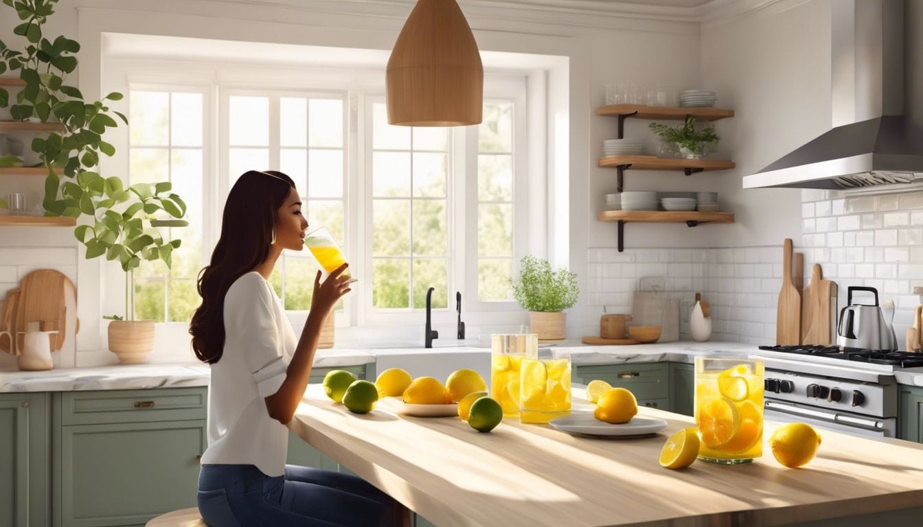 Een vrouw drinkt citroenwater in een zonnige keuken.
