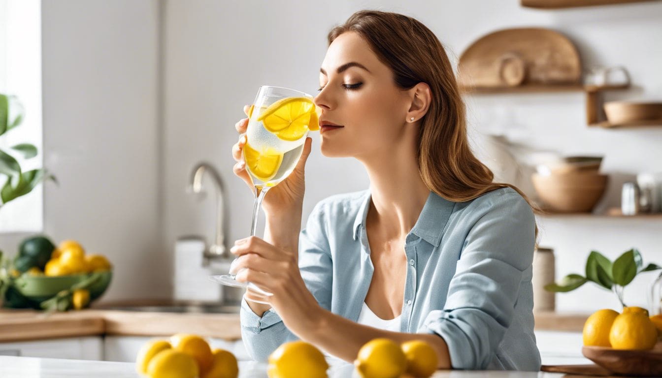 Een vrouw drinkt verfrissend citroenwater in de keuken.