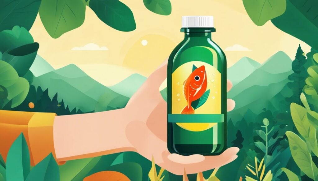 Persoon houdt een fles Etos Fish Oil Omega 3 vast in bosrijke omgeving.