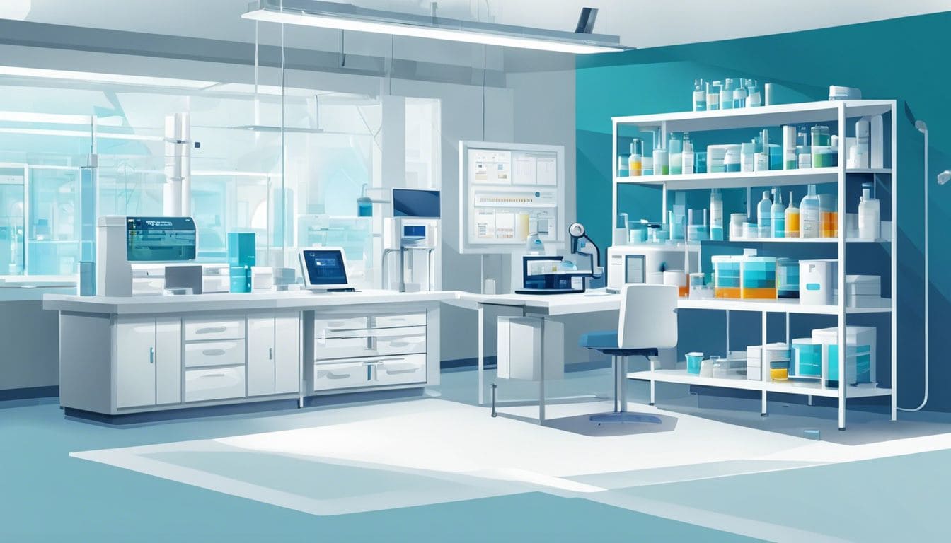 Het interieur van een laboratorium met allergietestapparatuur in vlakke designstijl.