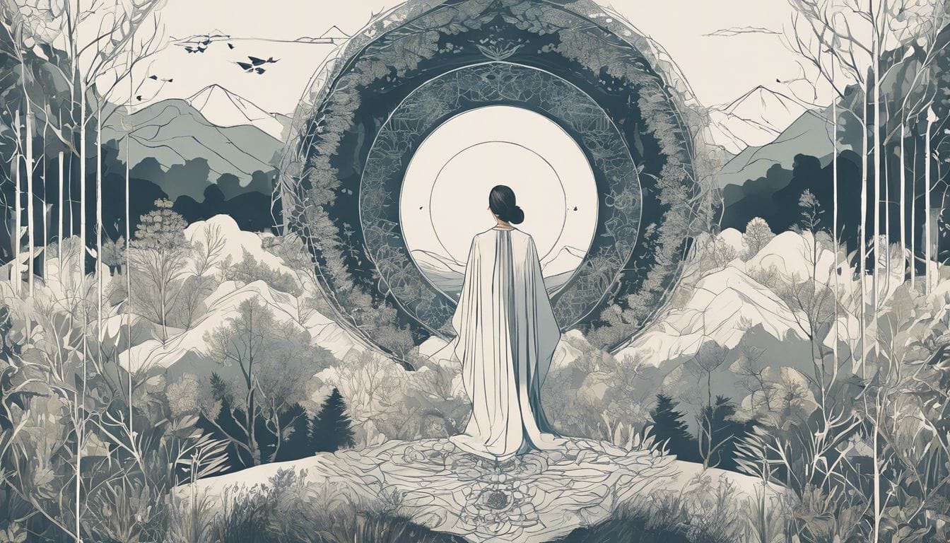 Een persoon in een vredige natuurlijke omgeving, omringd door menselijke ontwerpelementen.