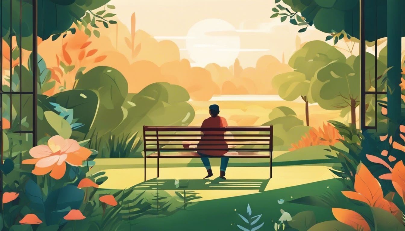 Een persoon zit in een rustige tuin, omringd door de natuur.