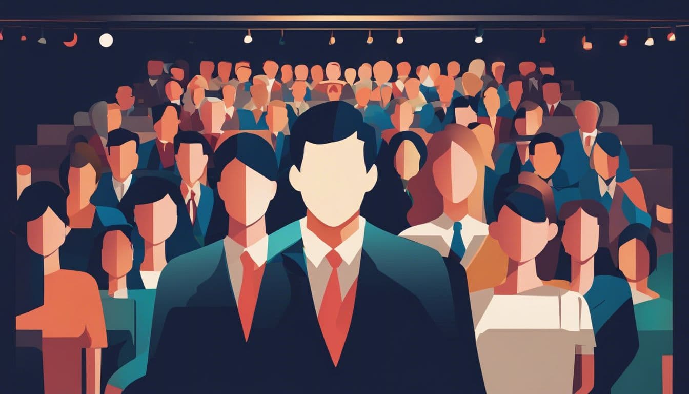 Een persoon staat onder schijnwerper met luisterende groep.