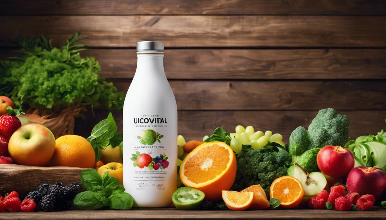 Een fles Lucovitaal Probiotica omringd door verse groenten en fruit.