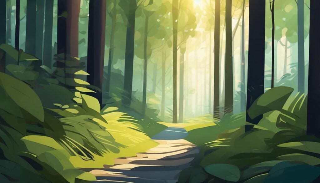 Een rustig bospad met zonnestralen door de bomen, creëert een serene sfeer.