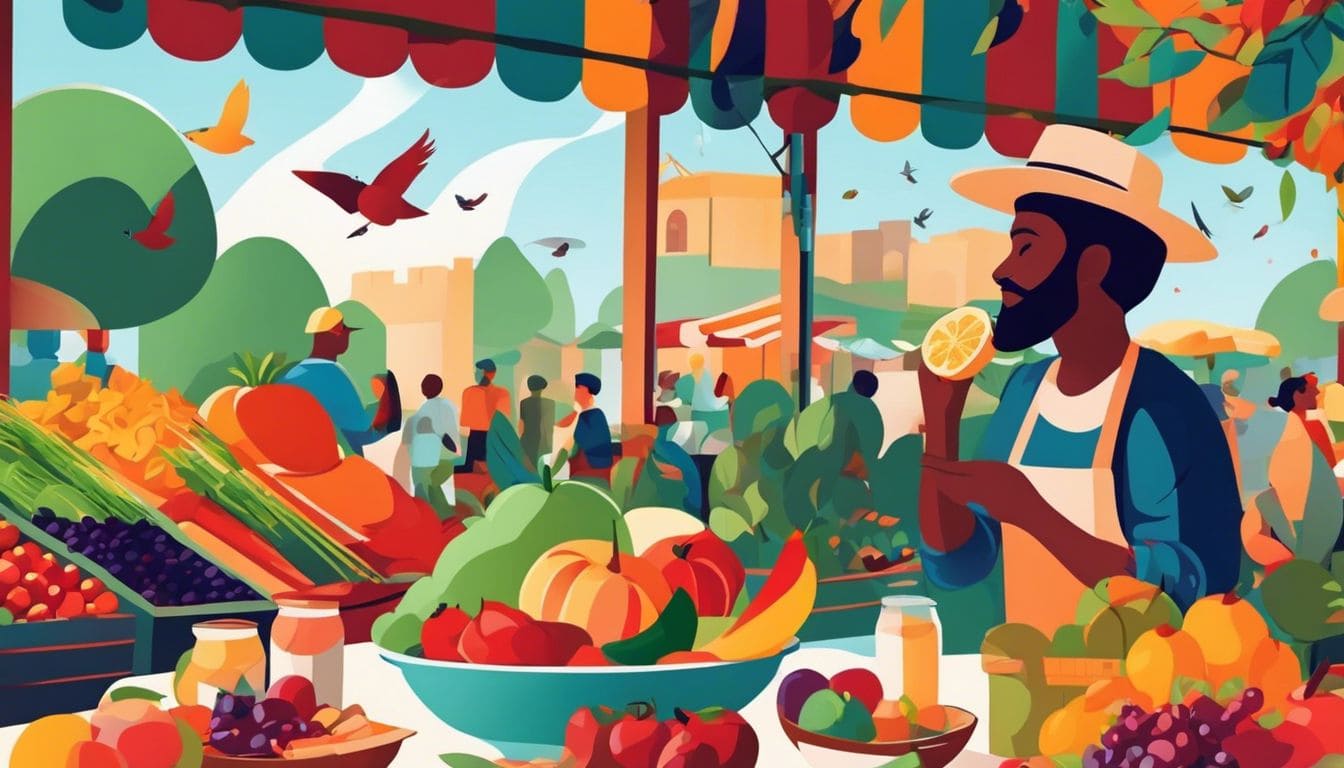 Een persoon geniet van een gezonde maaltijd op een levendige buitenmarkt.