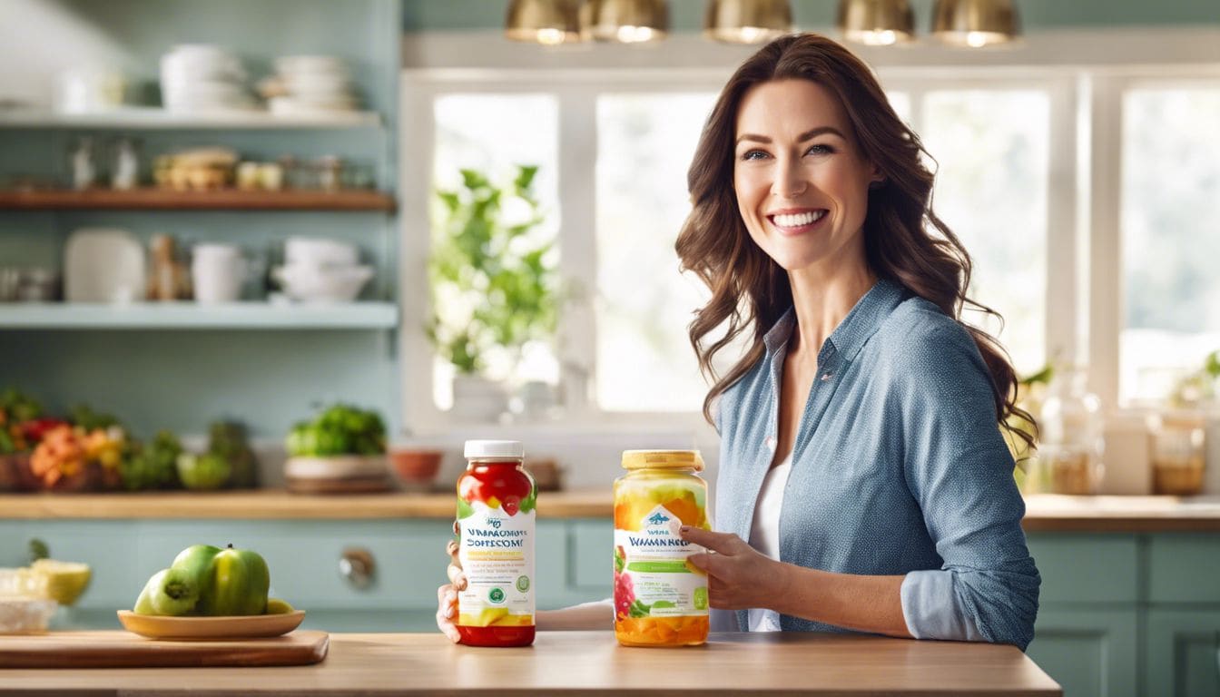 Een vrouw glimlacht terwijl ze een fles Swanson probiotica vasthoudt in een levendige en gezond ogende keuken.