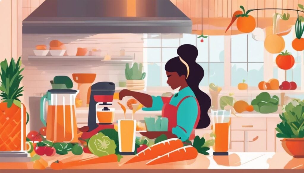 Een vrouw maakt een gezonde wortelsmoothie in een lichte keuken.