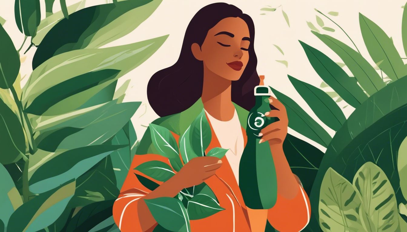 Een vrouw omringd door weelderig groen, houdt een fles Ashwagandha.