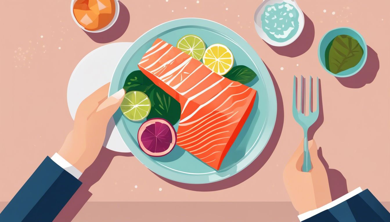 Persoon geniet van een bord met zalm en omega-3 rijk voedsel.