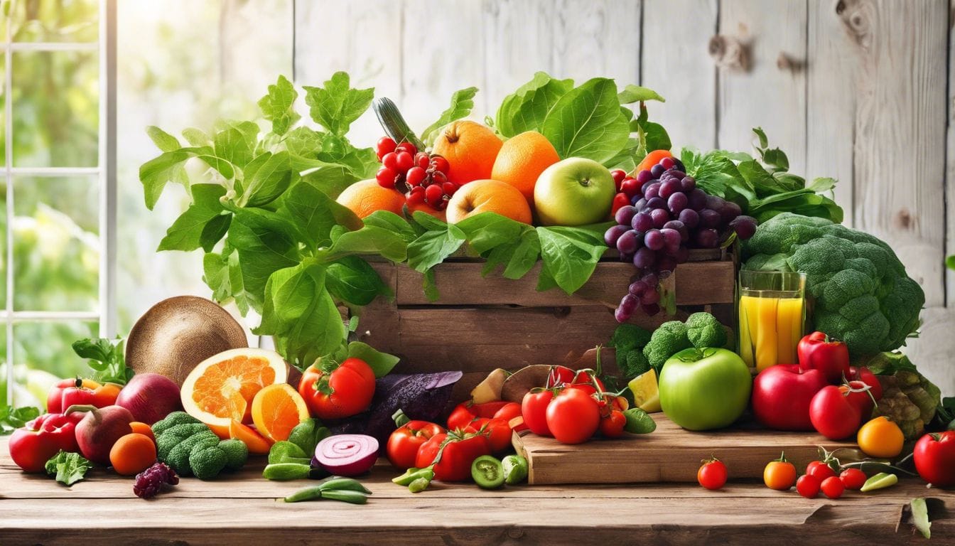 Een kleurrijke verscheidenheid aan rijp fruit en groenten op een rustieke houten tafel.
