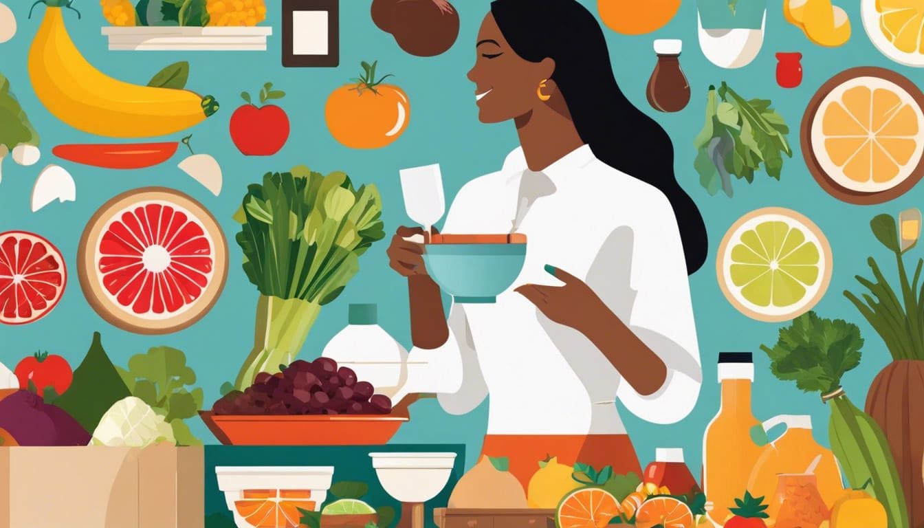 Een persoon geniet van een verscheidenheid aan Omega-3 rijke voedingsmiddelen op een levendige boerenmarkt.