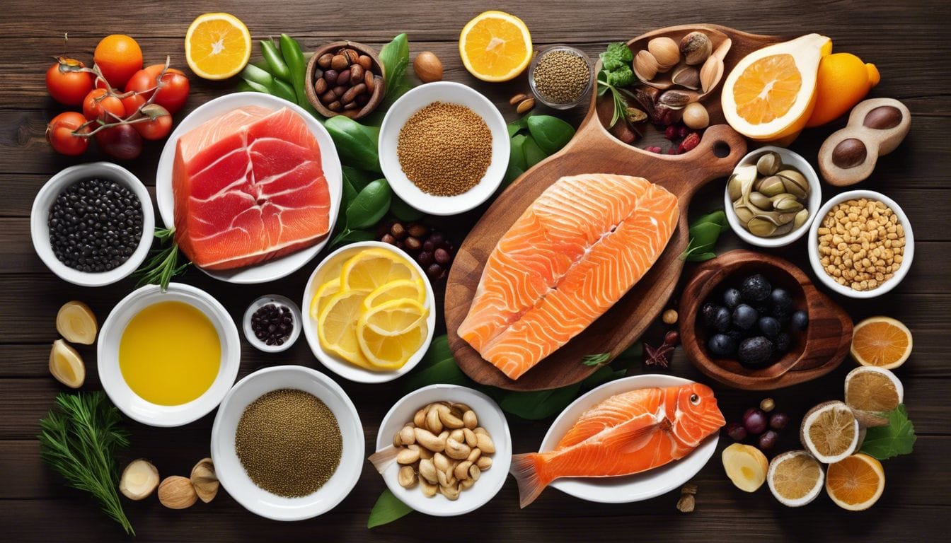 Een verscheidenheid aan voedingsmiddelen rijk aan Omega 3, 6 en 9 op een houten tafel.