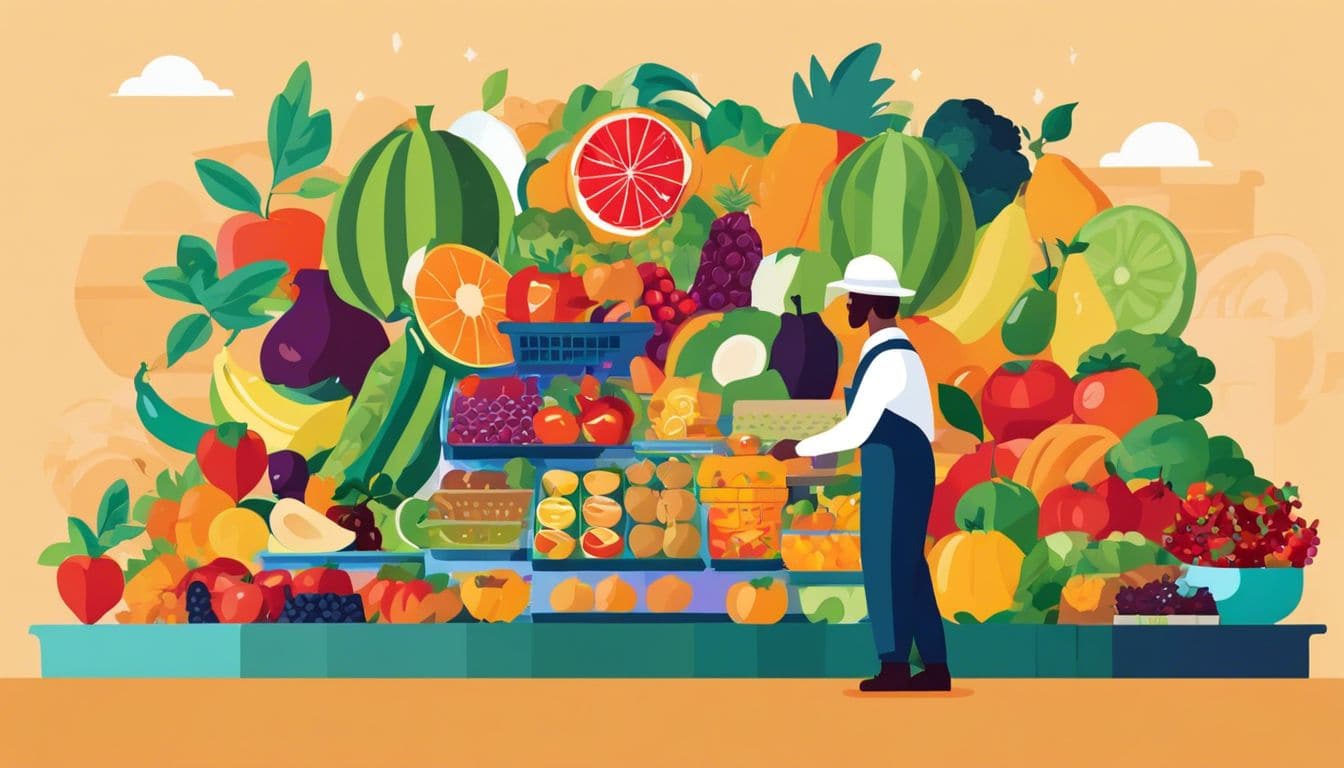 Een persoon houdt een bord met omega-3 rijke voedingsmiddelen vast op een levendige boerenmarkt.