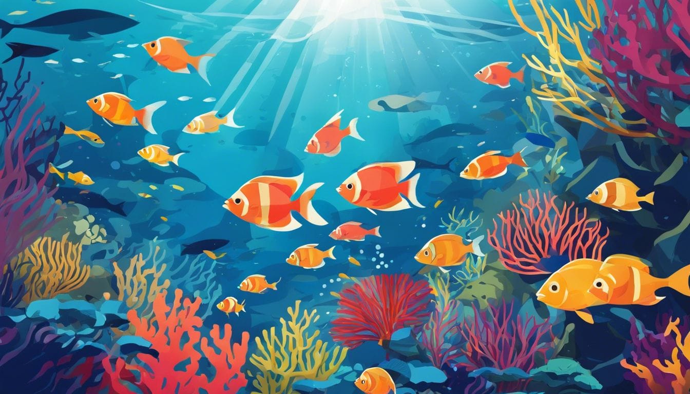 Een school kleurrijke vissen zwemt in helder blauw oceaanwater met koraalriffen.